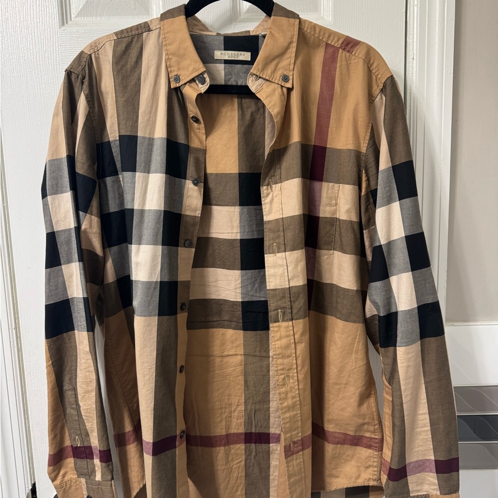 Burberry Beige and Black Plaid Collared Shirt